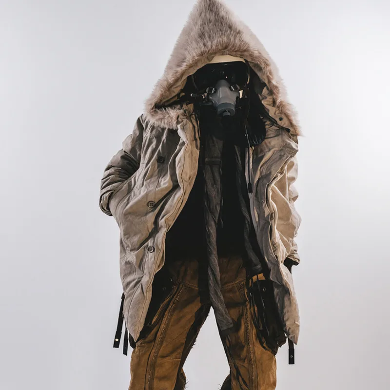 HKSH الخريف الشتاء الرجال فاسق فضفاض النفايات الأرض مقنعين التزلج الصوف معالج قبعة جاكيتات Techwear منتصف طول القطن معطف مبطّن HK14944