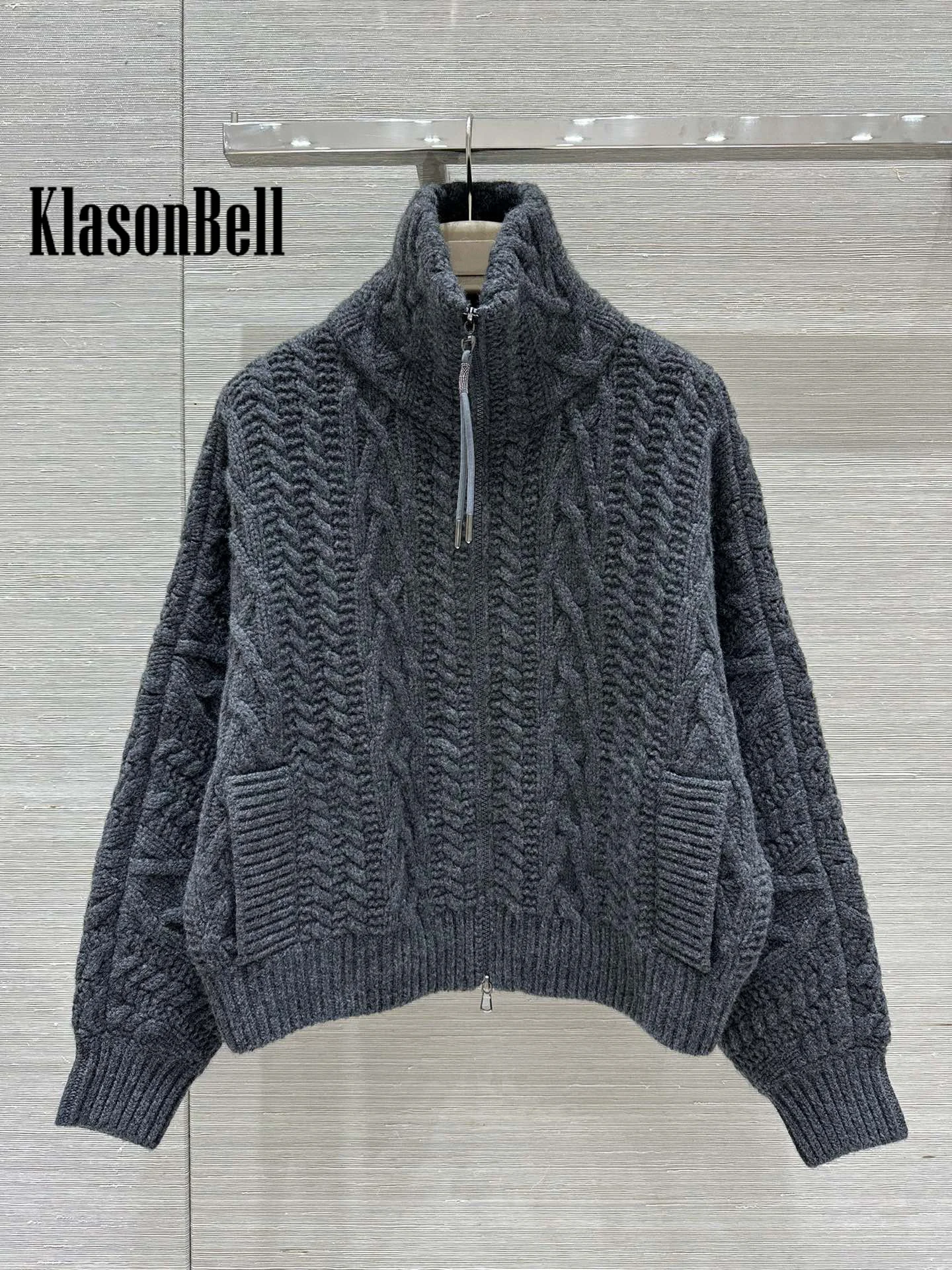 9.25 KlasonBell Women\'s Bead Chain Lace-up Zipper Classic Cashmere Knit Thick Cardigan Twist Turn-down Collar Loose Coat