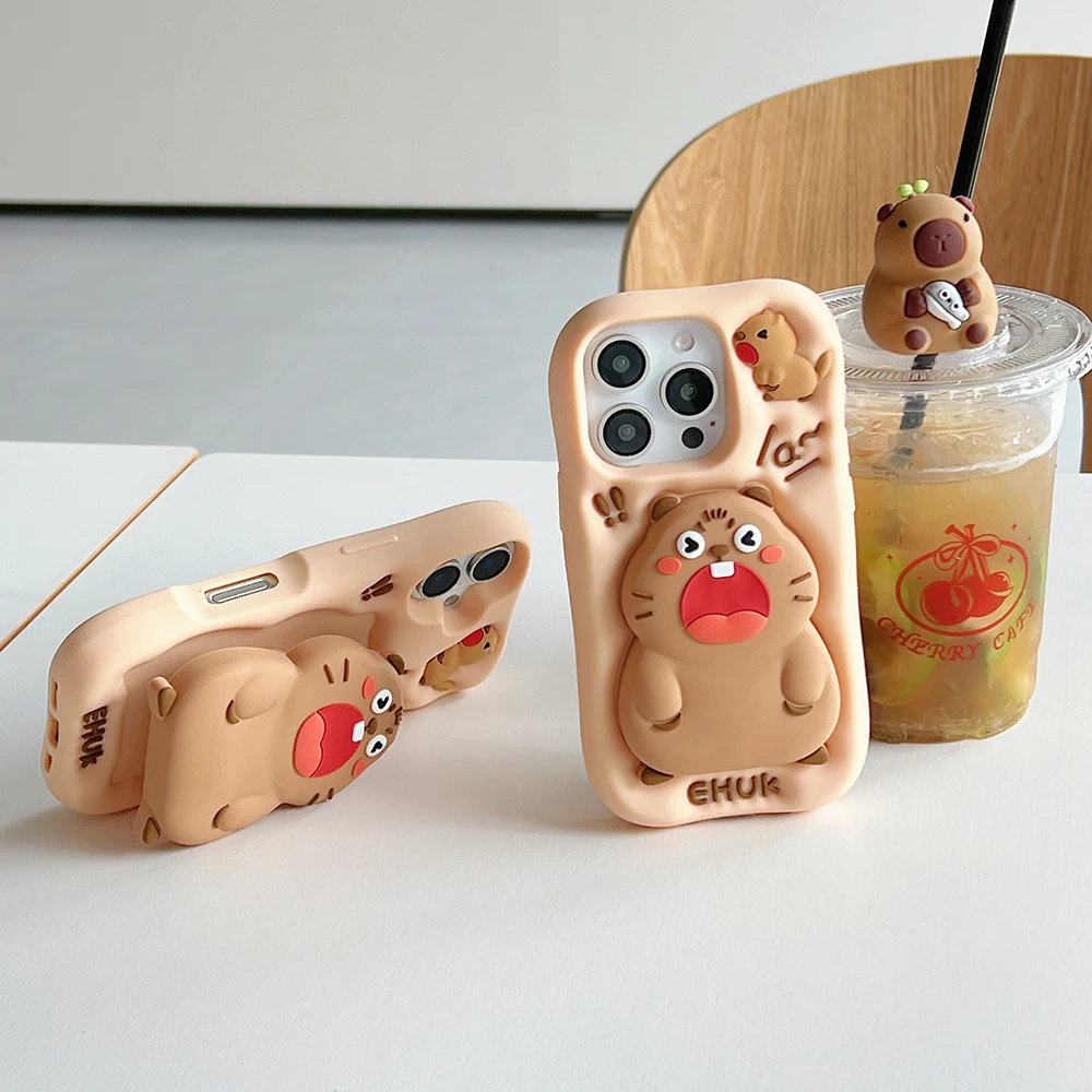 Lustige 3D-Tiere Capybara Teleskophalterung Hülle für iPhone 16 Plus 15 14 13 11 12 Pro Max Weiche Silikon-Ständerhalter-Abdeckung – Detail 4