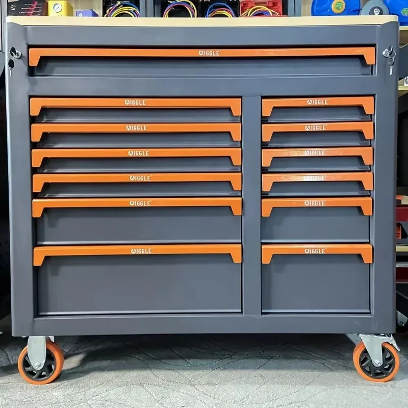 13 Drawers 10 Tray Workshop Trolley Chest Metal Tool Cabinet with Wooden Countertop for Hand Tool Set