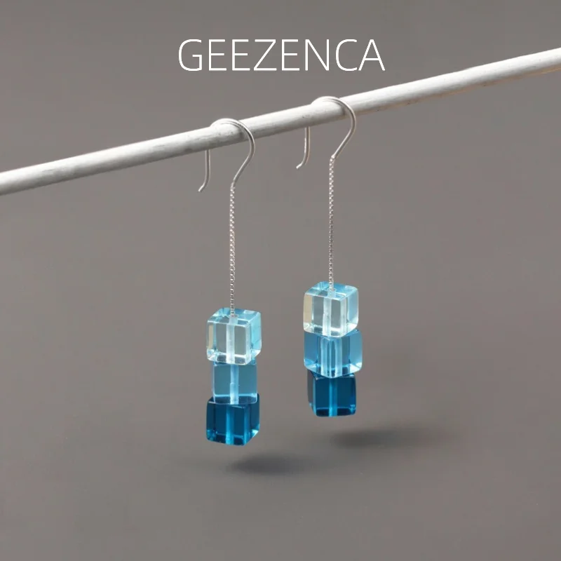 GEEZENCA 925 סטרלינג כסף מעוקב צבעוני זכוכית עגילים לנשים מקורי עיצוב גיאומטרי שיק מינימליזם עגיל 2023 חדש