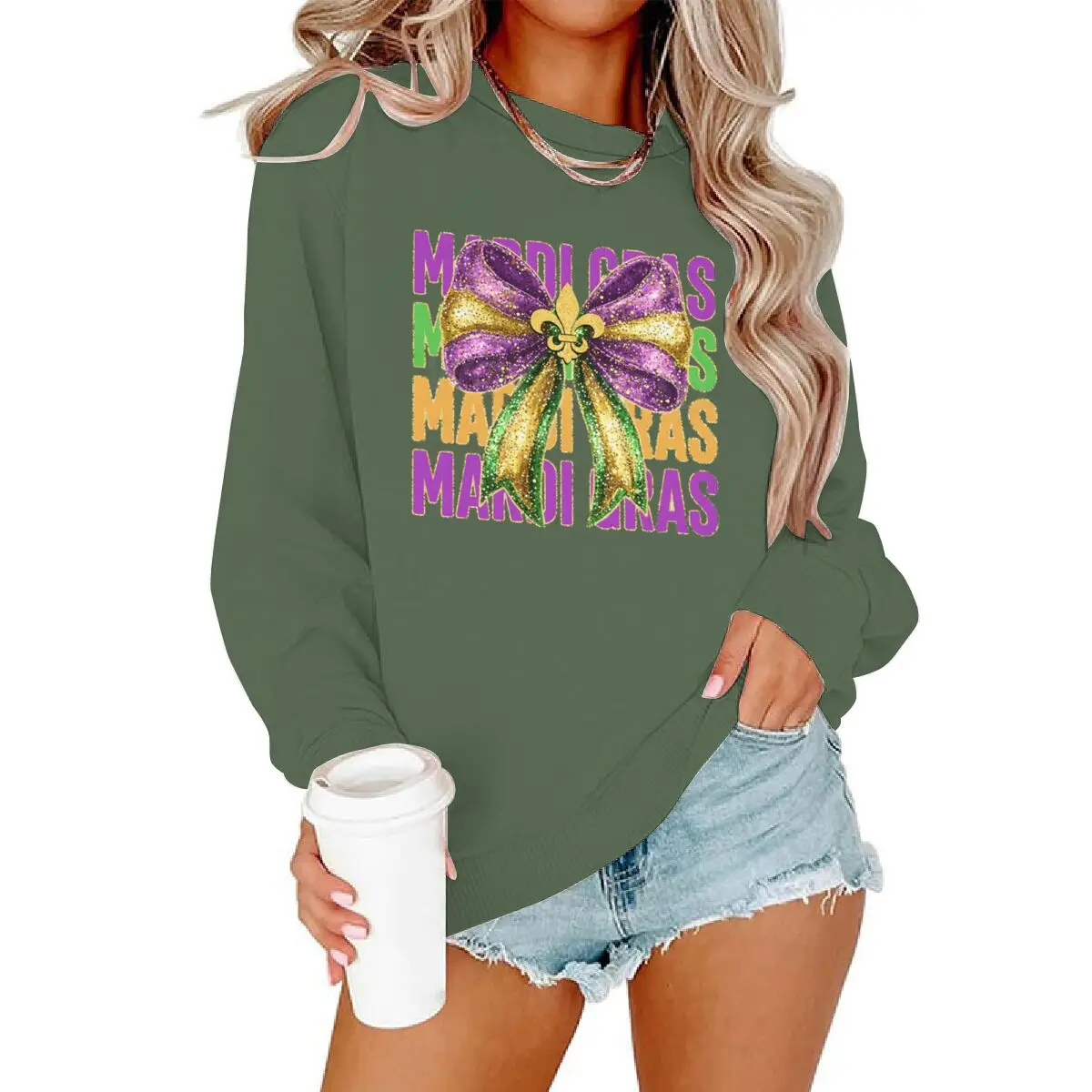 Glitter Coquette Mardi Gras Women's Clothing Carnival Happy Outfit for Girl Happy Mardi Gras Coquette Bow Design Sweatshirts