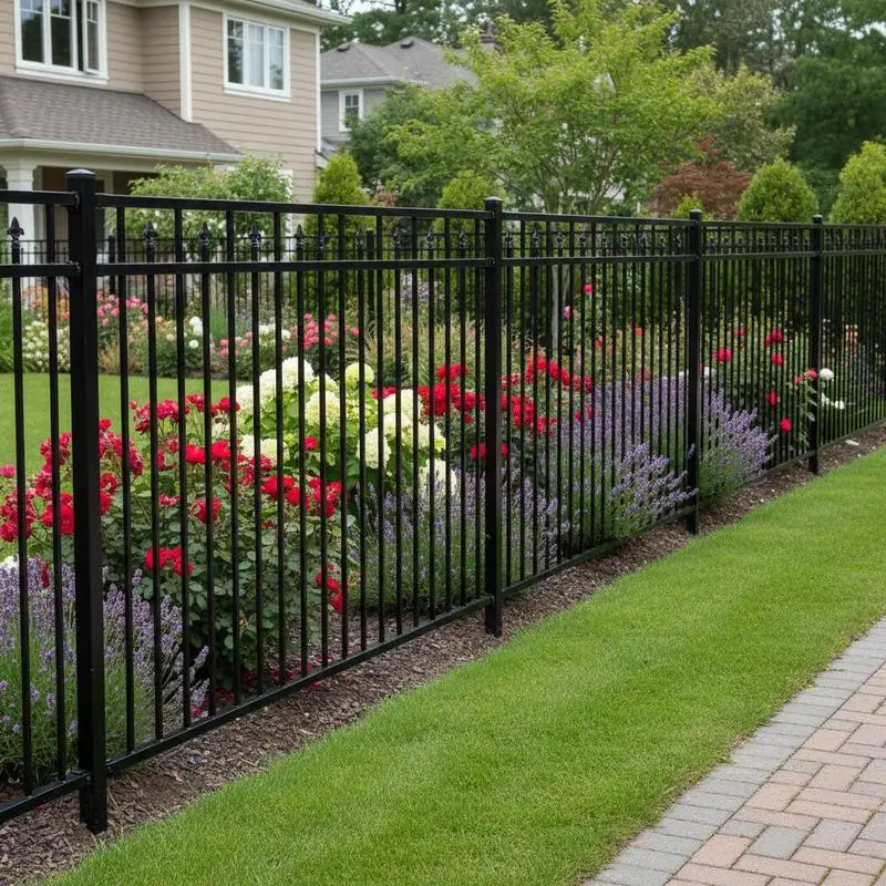 Clôture décorative BAARLO noire en acier thermolaqué, 200x166 cm, résistante aux intempéries et à la rouille, avec système de panneaux entrelacés pour une montage facile, configuration polyvalente, idéale pour les jardins, les clôtures de terrain et les espaces extérieurs.