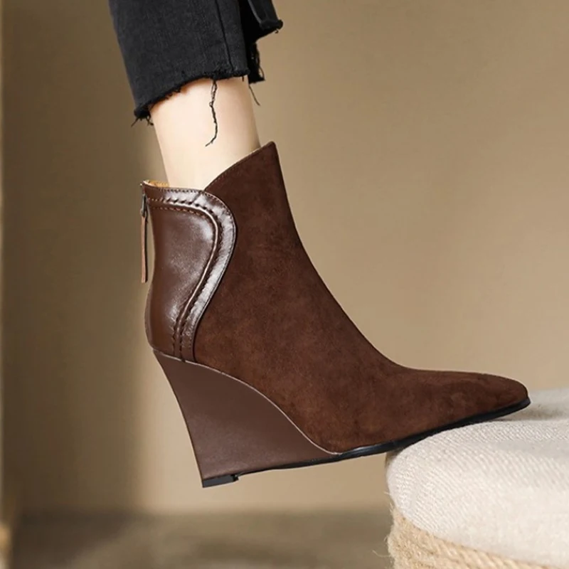 

Wedges Women's Ankle Boots Pointed Toe Fashion Shoes Designer Suede Winter Boots 2025 High Heels Dress Luxury Botas Para Mujer