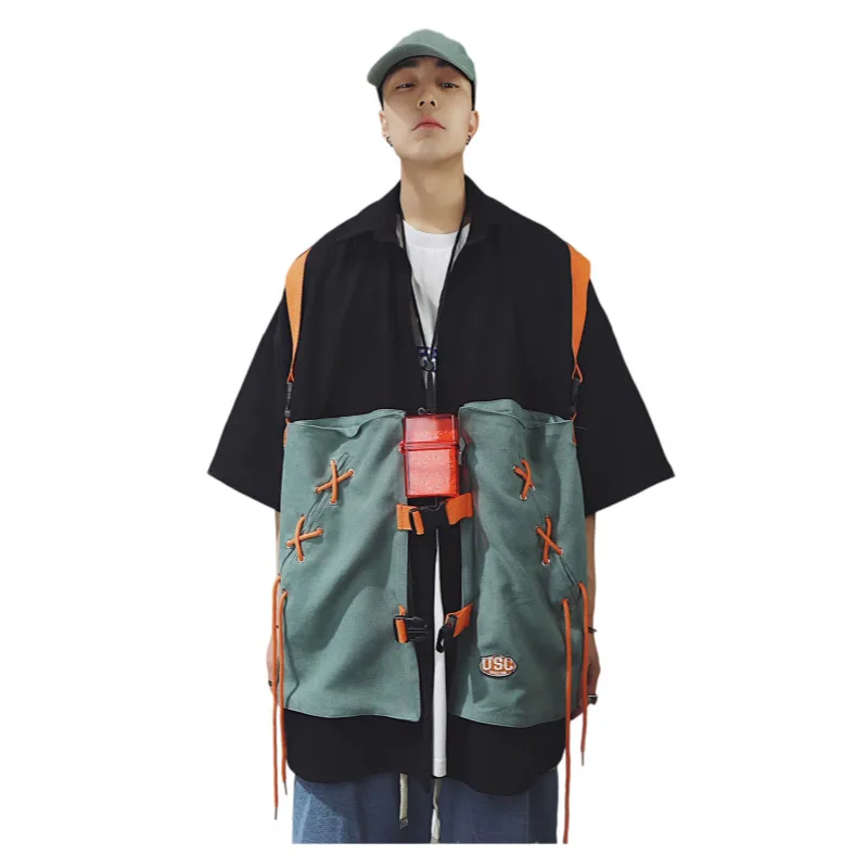 Unsiex Cargo Shirts 2026 Summer New Streetwear Cargo Short Sleeve Shirt Men Hip Hop Loose Fake Two Piece Vest Half Sleeve Tops