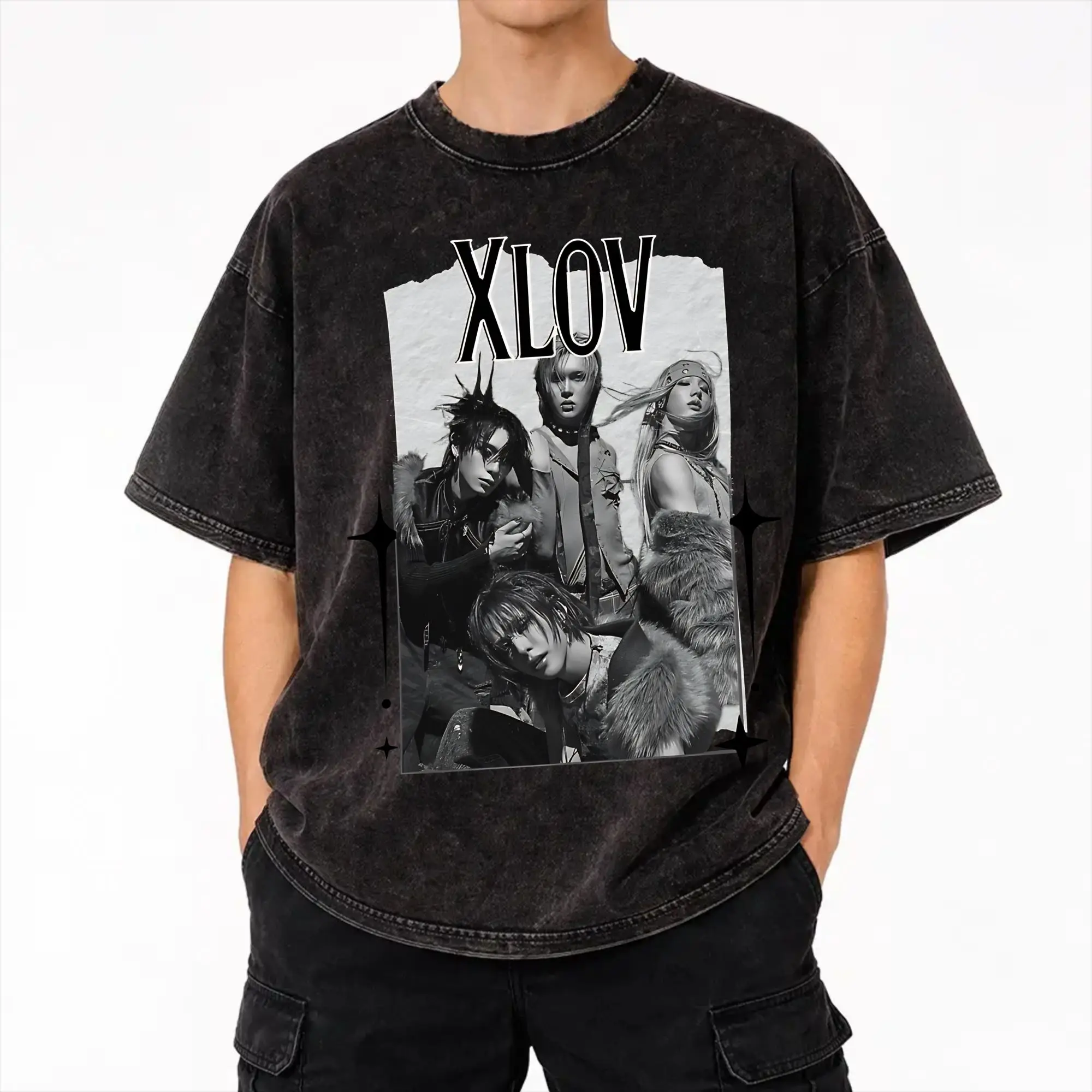  XLOV UXLXVE Members Washed T Shirt Streetwear Hip Hop Vintage T-Shirt  Tees for Men Women Cotton Oversize