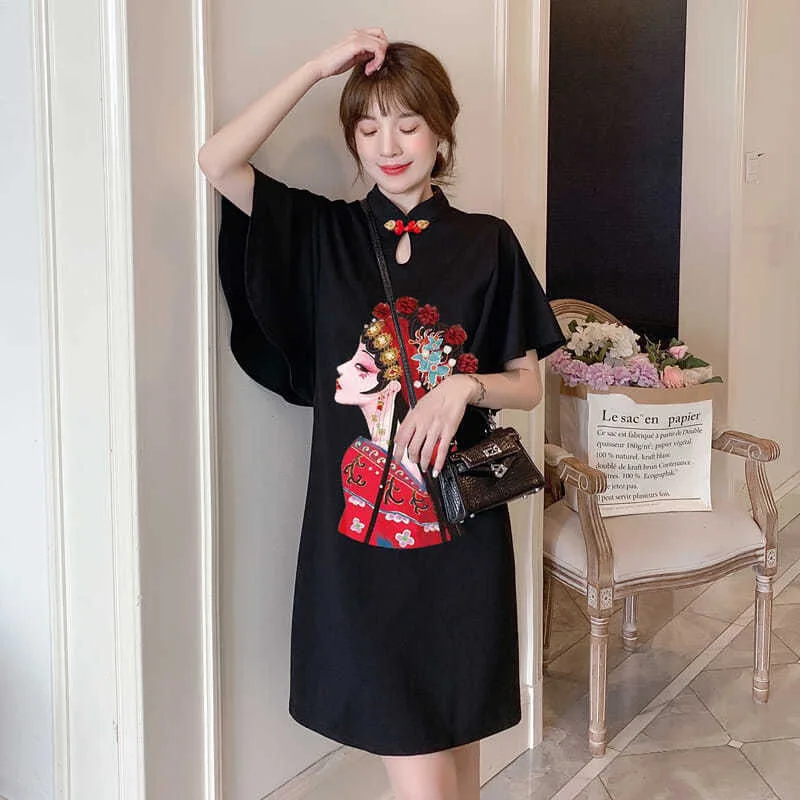 Chinese Opera Print Dress for Women, Summer Long Sleeve, National Style Cheongsam, Modern Improve, Elegant, Loose Qipao