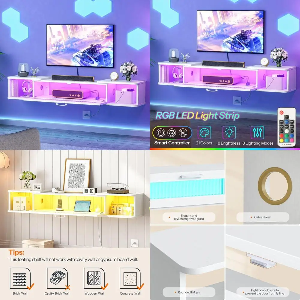 

Современная настенная подставка для телевизора со светодиодной подсветкой и розеткой, для 65 телевизоров, развлекательный центр в гостиной/спальне, белый