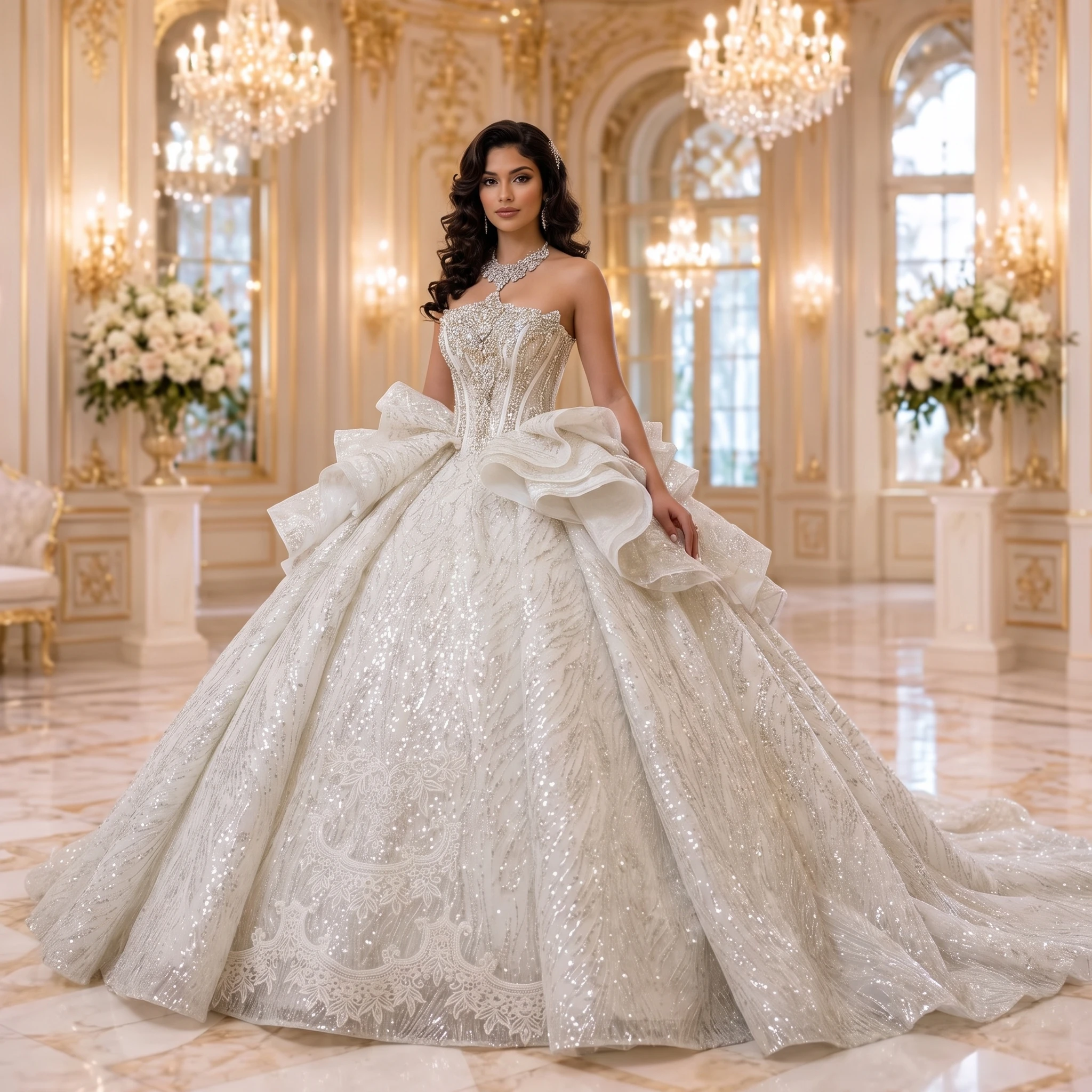 2026 Customized Ball Gown Wedding Dress Removable Sleeves Princess Lace Ruffles Bridal Gown Pearl Beading Vestido de Noiva