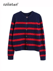 Casual Vintage Versatile Women Sweater Long Sleeve Button Knitted Red Black Striped Cardigian Autumn Winter Sweater C-198