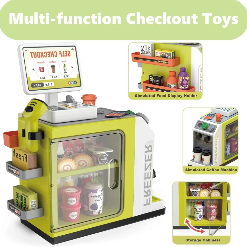 2 in 1 Simulation Supermarket Cash Register Coffee Machine Toys Pretend Play Toy with Scanner and Calculator Play food for Kids
