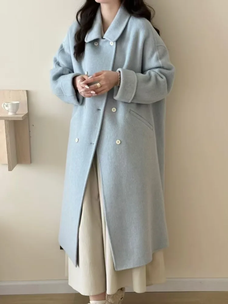 ZMEENNA Damen Zweireihiger Langer Mantel aus Wollmischung, elegante Winterjacke, lässig, einfarbig, übergroße Oberbekleidung ZM3634