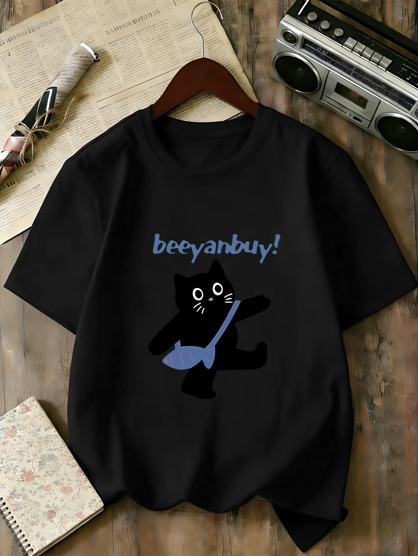 Kids Family Matching T Shirt Cute Black Cat Fish Bag Beeyanbuy Print Short Sleeve Cotton Tops For Boys Girls Daily Casual Outfit