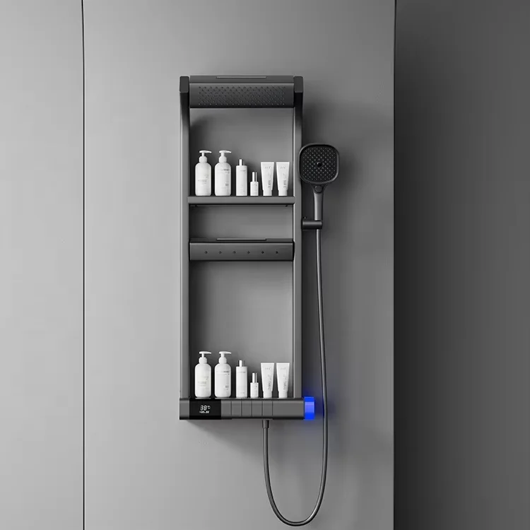 Set Shower Kamar Mandi Termostatik Layar Digital Cerdas, Panel Shower LED 360 Derajat Terpasang di Dinding, Semprotan Hujan Kuningan, Disikat