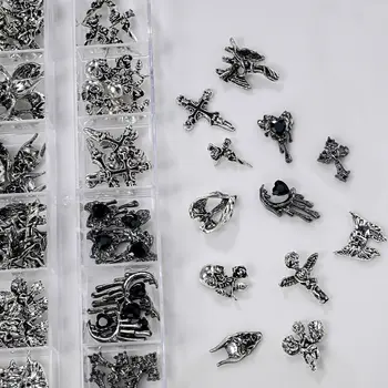 12格3D萬聖節龐克復古合金十字美甲飾品 Y2K哥德金屬槍黑銀骷髏,十字美甲DIY酷美甲配件 10 最佳銷售 釘十字架吊墜 - №6