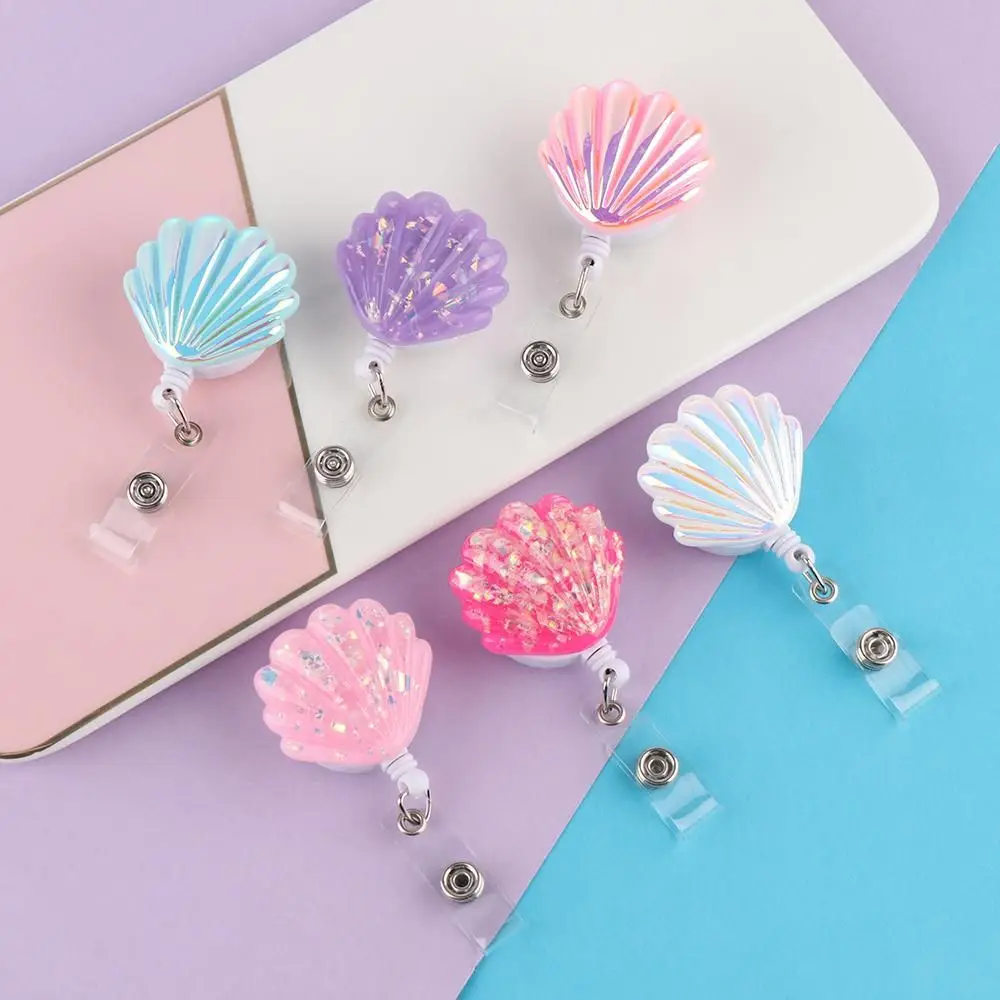 1Pc Office Supplies Exhibition Chest Cards Anti-Lost Clip Key Ring Shell Shape Retractable Lanyards Badge Holder