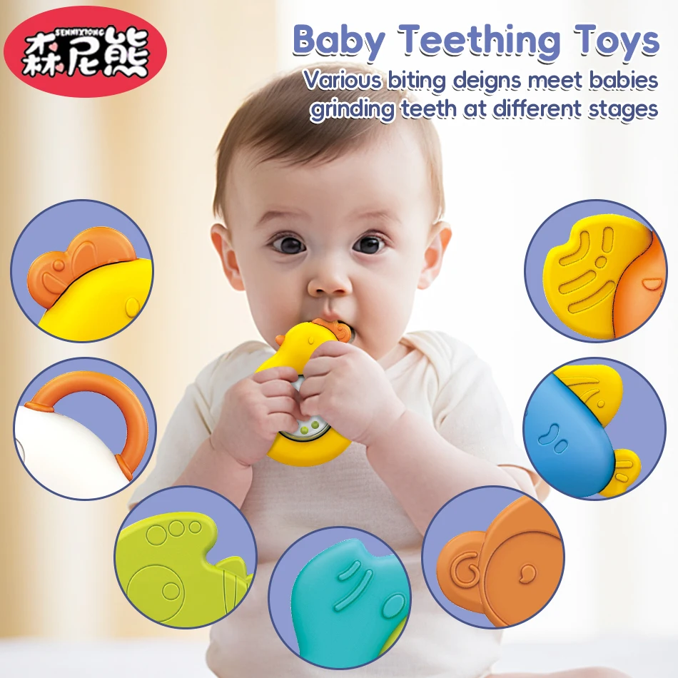 SENNIXIONG Baby Tafelbel Schattige Puppy Krab Haai Rammelaar Baby Kauwbare Bijtring Montessori Zintuiglijke Speelgoed Voor Peuter Walvis Doos Gift