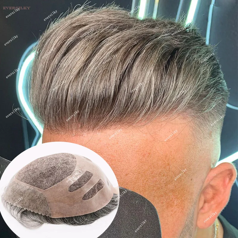 

Durable Strongest NPU Bond Mono Top Gray Men Toupee Human Hair Wig Prosthesis Breathable Base Natural Hairline Capillary System