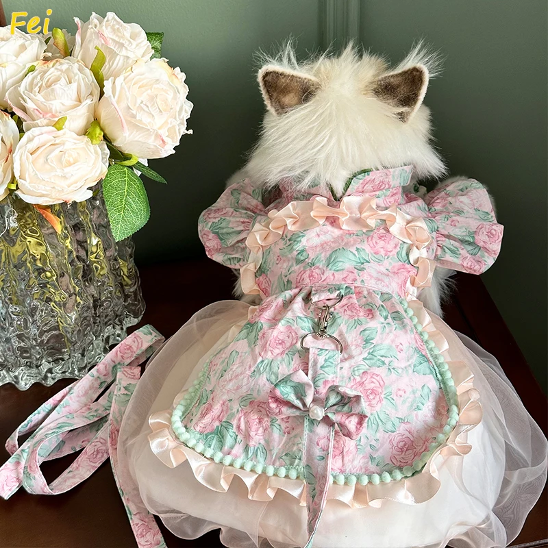 

2025 Lolita Dog Dress Handmade Cotton - Princess Tiered Ruffle Dress for Small Dogs, Pink Cat & Puppy Clothes with Lace Sleeves