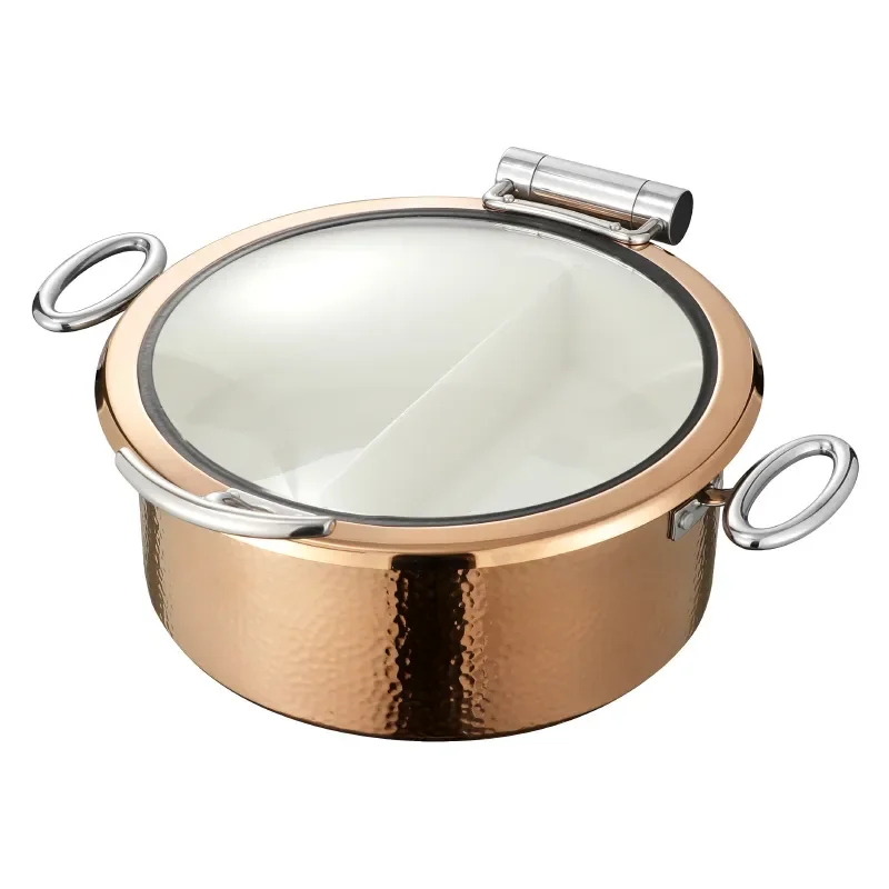 304 Stainless Steel Buffet Warmer with Glass Lid Hydraulic Slow Close Ceramic Liner Silver Hammer Pattern for Hotel