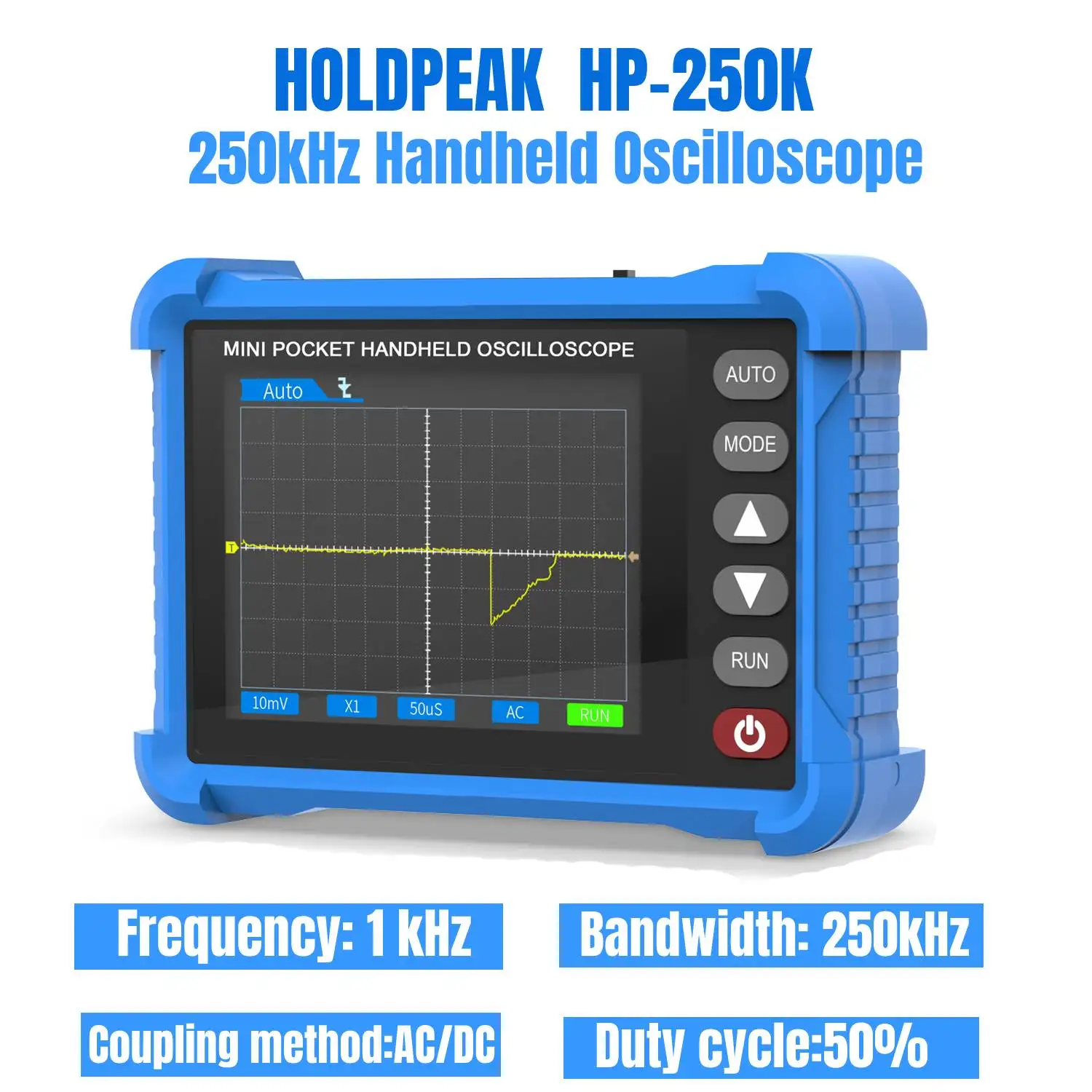 HP-250K Digital Oscilloscope, 250kHz, 2.5MS/s, Portable ±40V Tester, 10-Hour Battery, Auto Setup for Electronics & Automotive