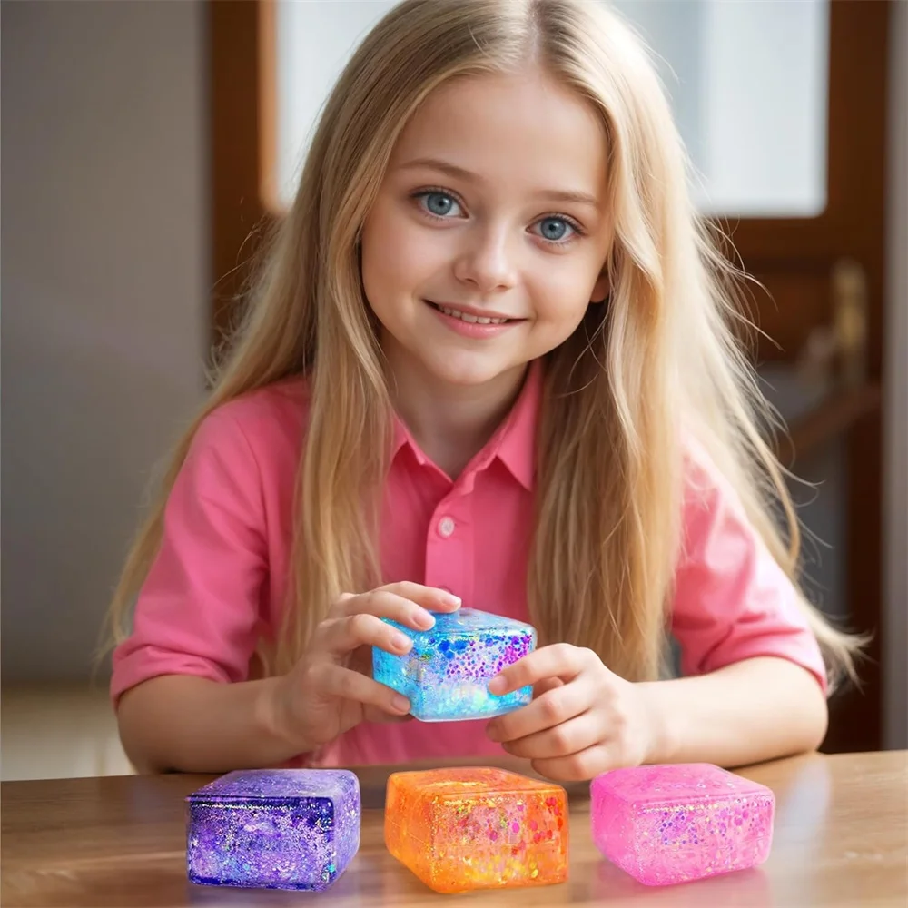 Glitter Ice Cubes Colorful Sensory Fidget Toys for Adults & Kids Fun Squeeze Ball Stress Relief Holiday Birthday Gifts