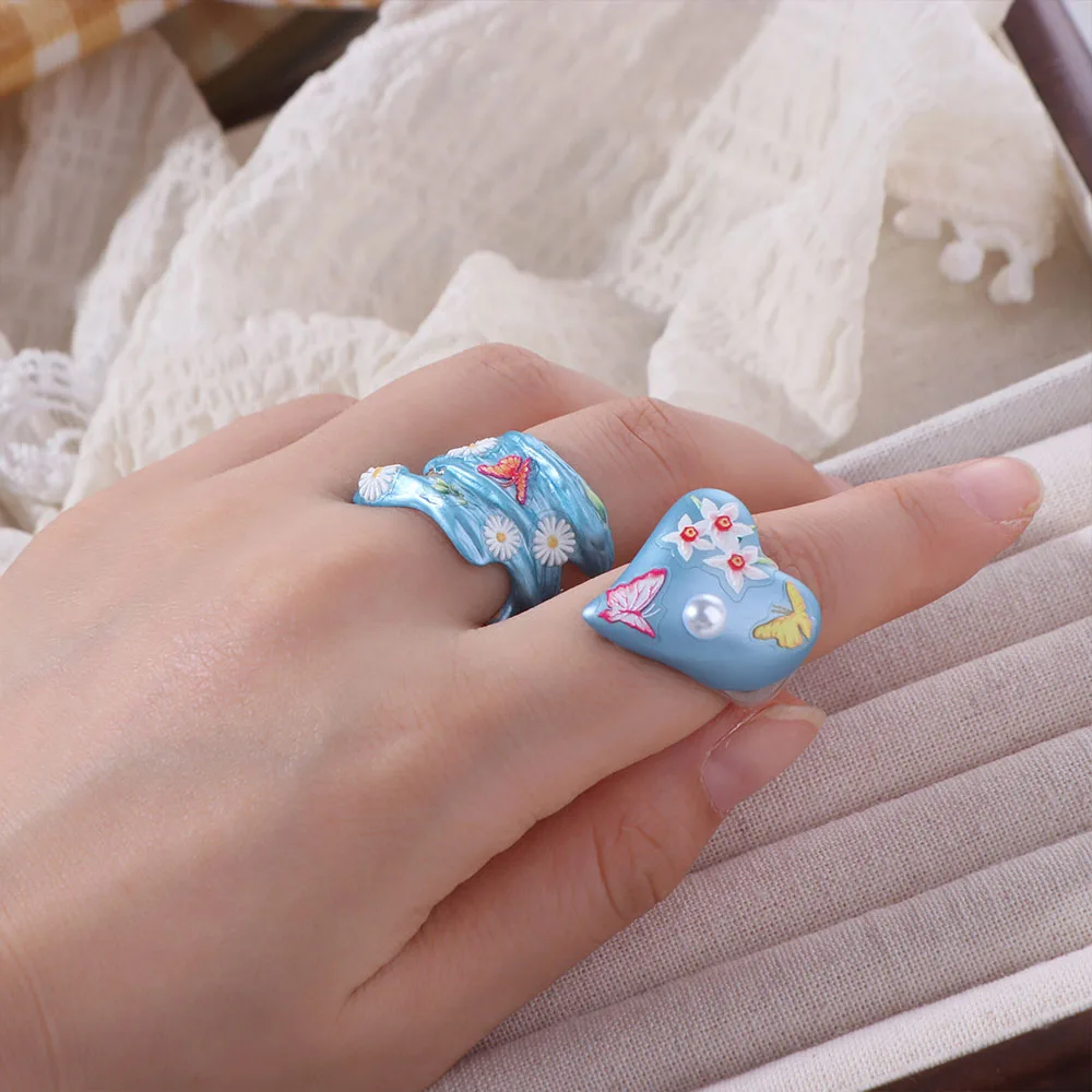 فريدة من نوعها حلقة مفتوحة المينا زهرة خاتم ديزي نازف النفط القلب خاتم اكسسوارات اللوحة غير النظامية المينا الدائري هدية