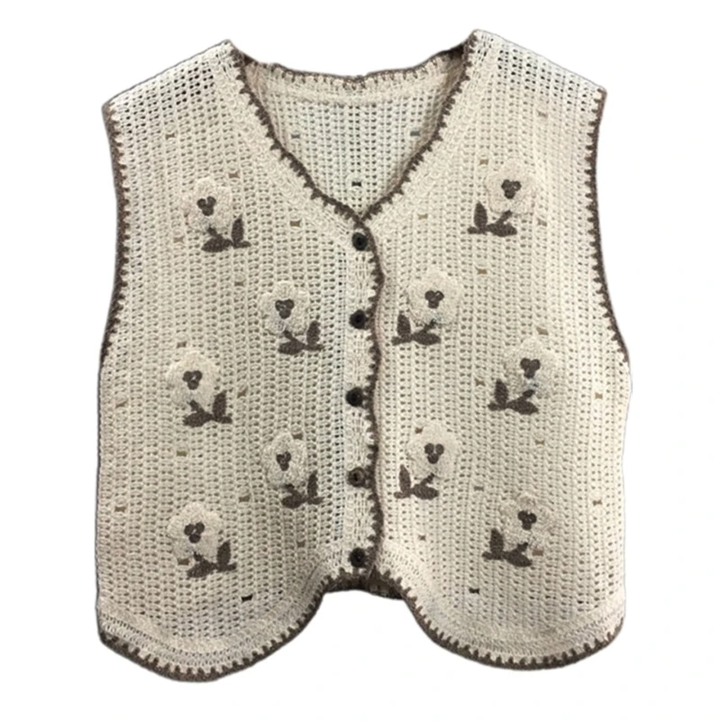 573B Women Crochet Knitted Vest Waistcoat Ethnic Colorful Florals Pattern Sleeveless Cardigan Jackets V-Neck Crop Top Shirt