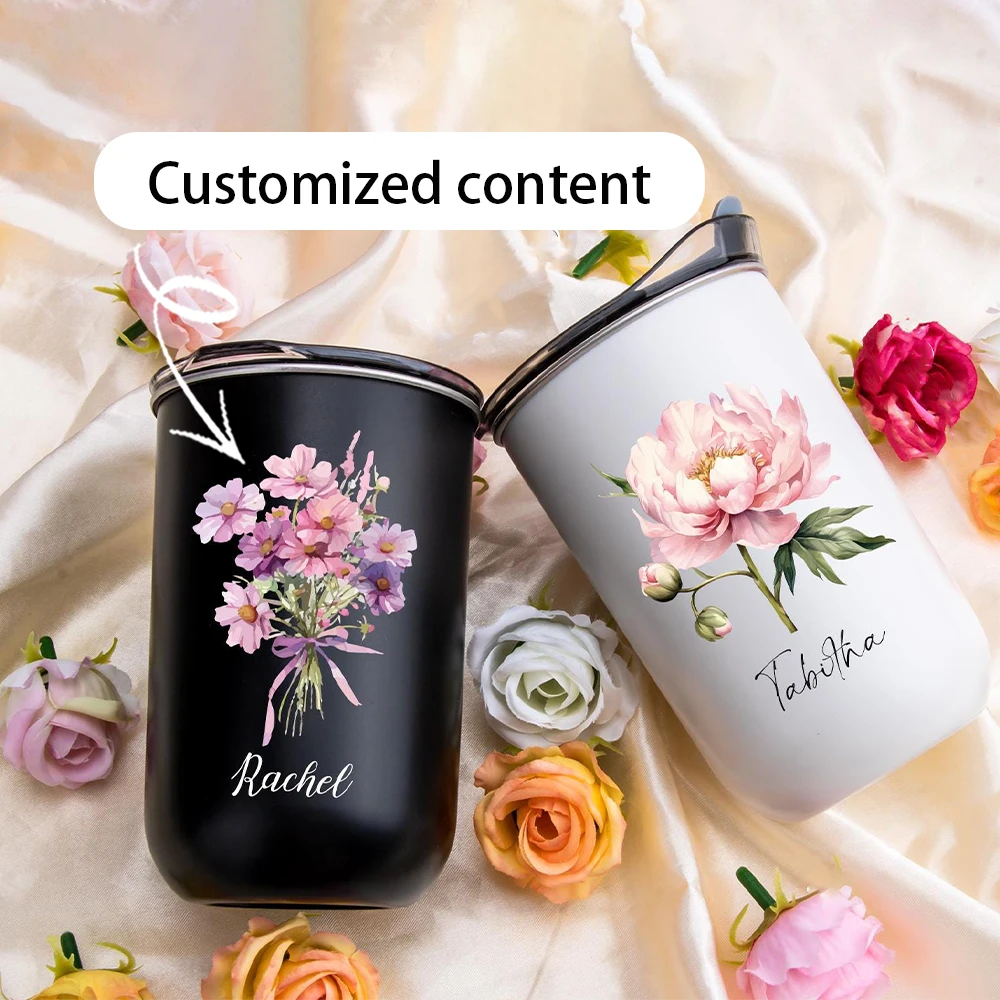 Personalisierter Edelstahl-Wasserbecher, mit individuellem Namen und Blumenmuster, perfektes Weihnachtsgeschenk für Büro und Zuhause.
