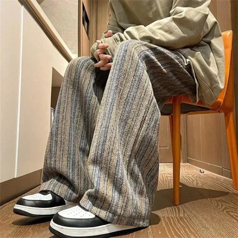 2025 New Men's Striped Woolen Straight Leg Trousers Classic Y2K Vintage Baggy Pants Casual High Street Fashion Gym Sweatpants