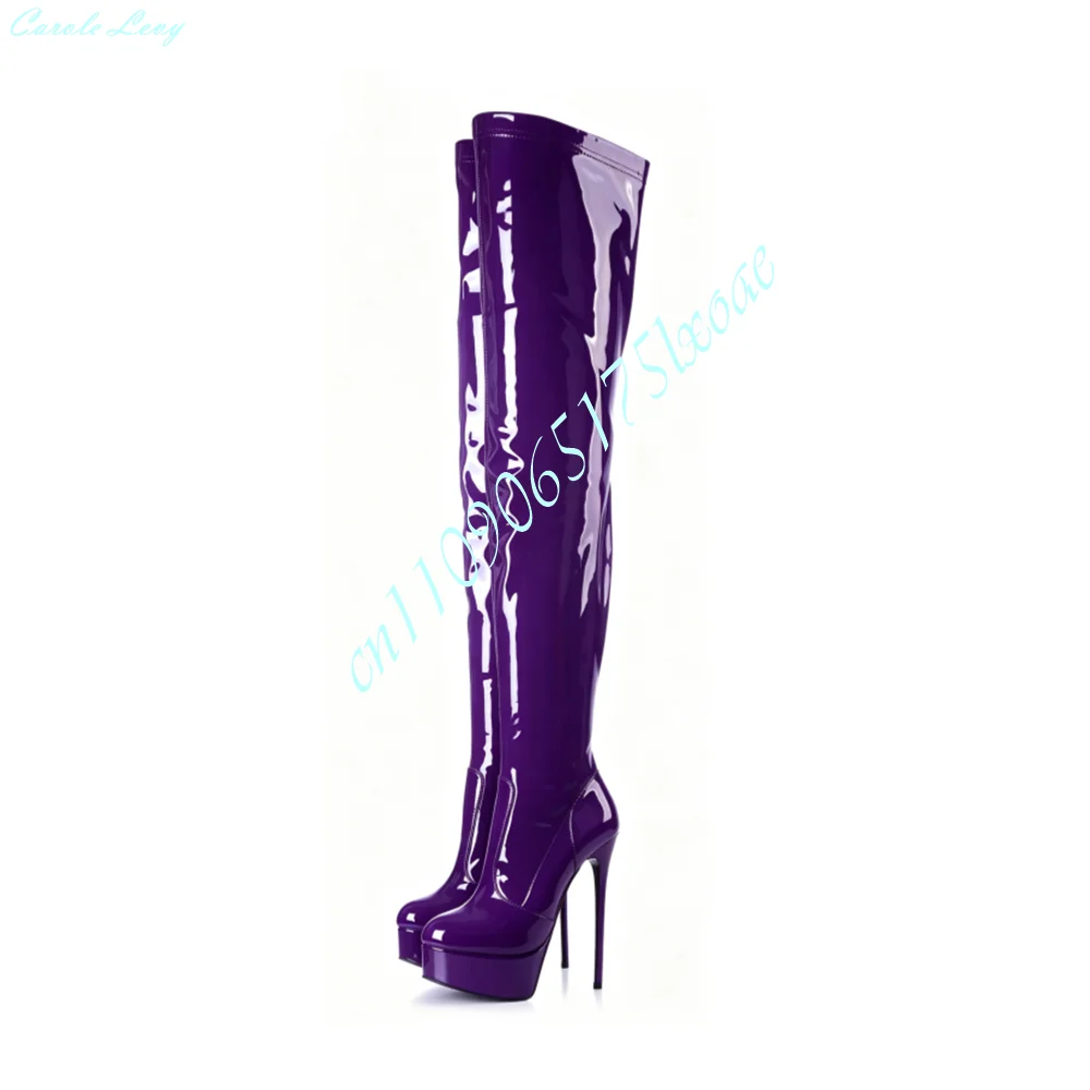 Purple Shiny Patent Thigh-High Boots Round Toe Platform Hot Girls Sexy Thin High Heel Stretch Shaft Stage Nightclub Footwear