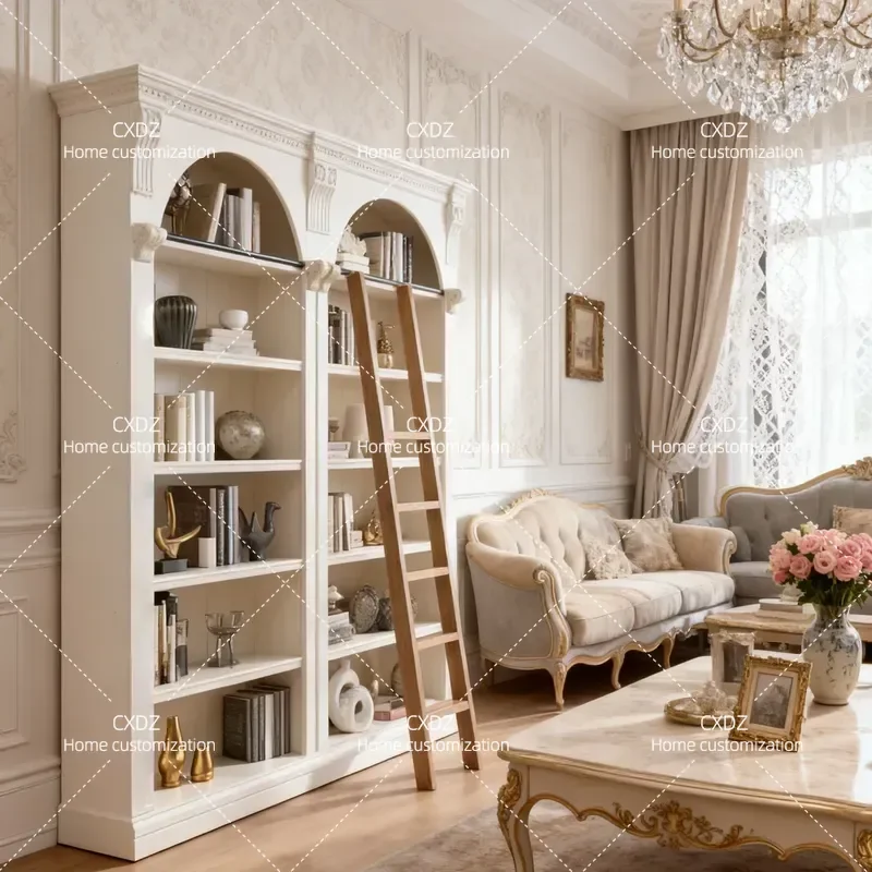 American Retro Arched Bookcase Solid Wood Carving Neoclassical Display Cabinet with Ladder Bookshelf Combination Customizable