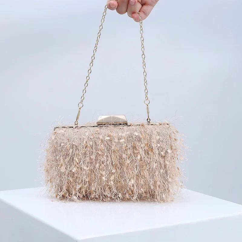 Pink Bag Fashion Tassesl Clutch Bag Women Cute Fluffy Purse Elegant Crossbody Chain Shoulder Wedding Party Bag Female Handbag