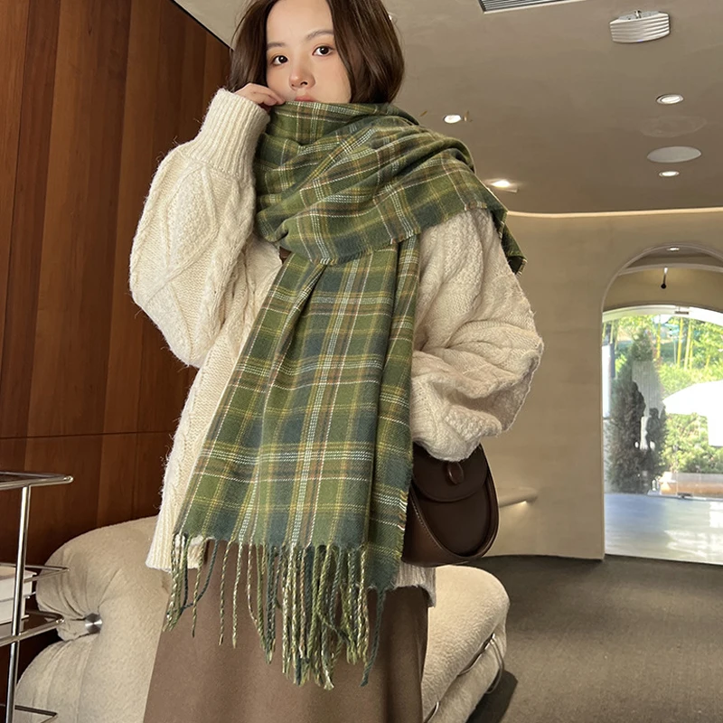 Fashion Winter Korean Version Green Checkered Scarf For Women's Warm Shawl Scarf