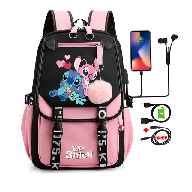 Lilo Stitch Patchwork Backpacks Women Men Rucksack Travel Bag Mochila Backpacks Teenager USB Charging Laptop Backpack