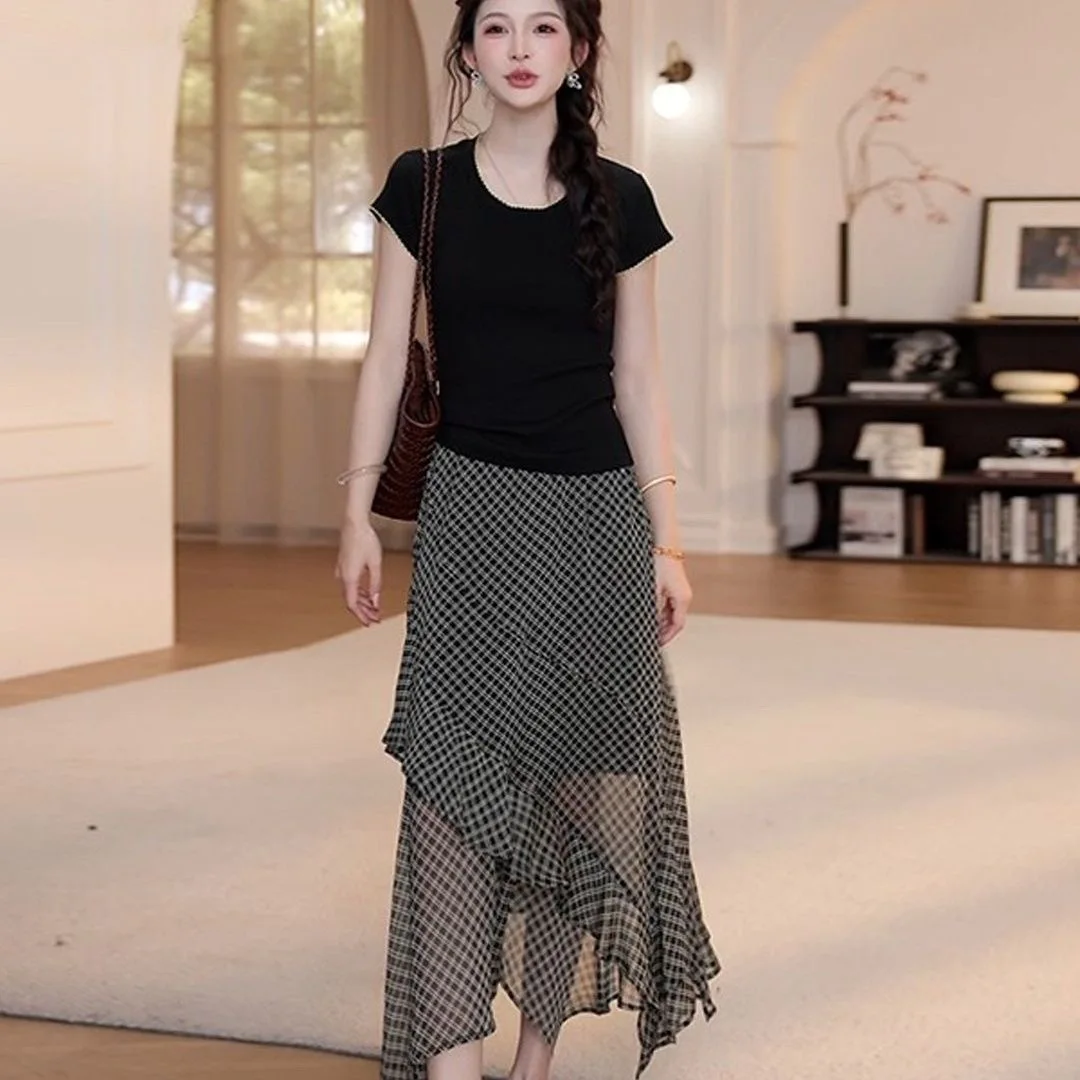 High Waist Plaid  Skirt Women's Summer Fashion New Style Floral Lace Hem Irregular Long Skirt Slimming A-Line Dress