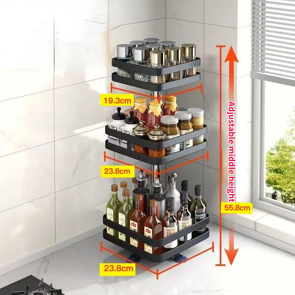 Kitchen Multi-Tier Organiser Spice and Seasoning Bottle Organiser Height Adjustable 360° Swivel Non-Slip Base Sturdy Carbon Ste