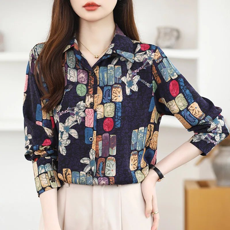 Women Clothing Fashion Printing Long Sleeve Chiffon Shirts Spring Autumn New Casual Loose Turn-down Collar Blouses Chic Y2k Tops