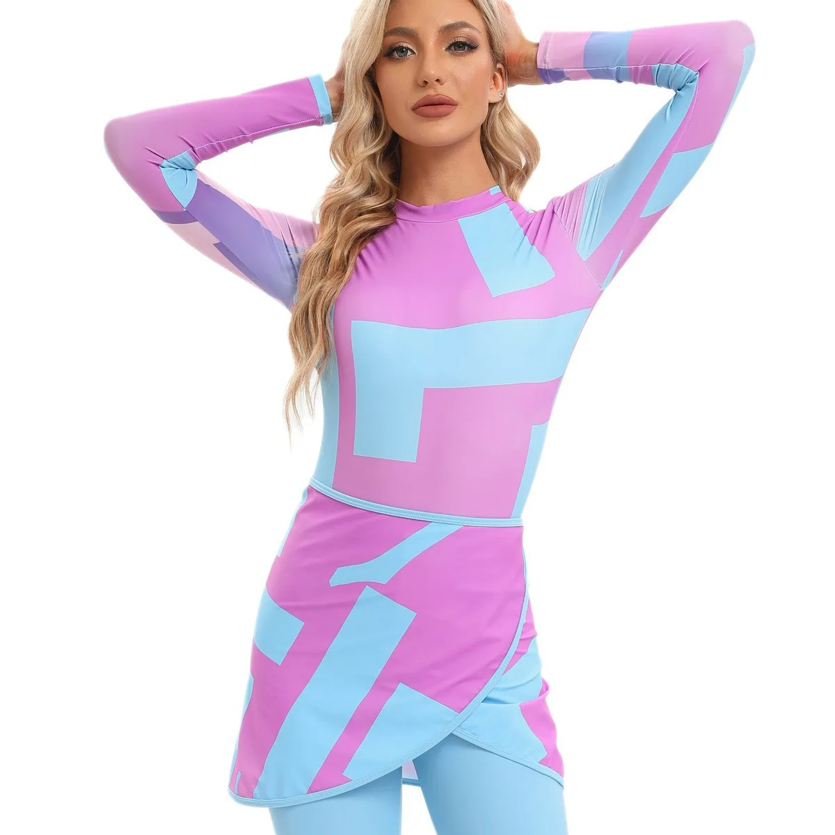 3 Pieces Block Geometric Wrap Skirt Modest Burkini Swimsuit Women Long Sleeve Full Length Leggings Hijab Islamic Bathing Suit
