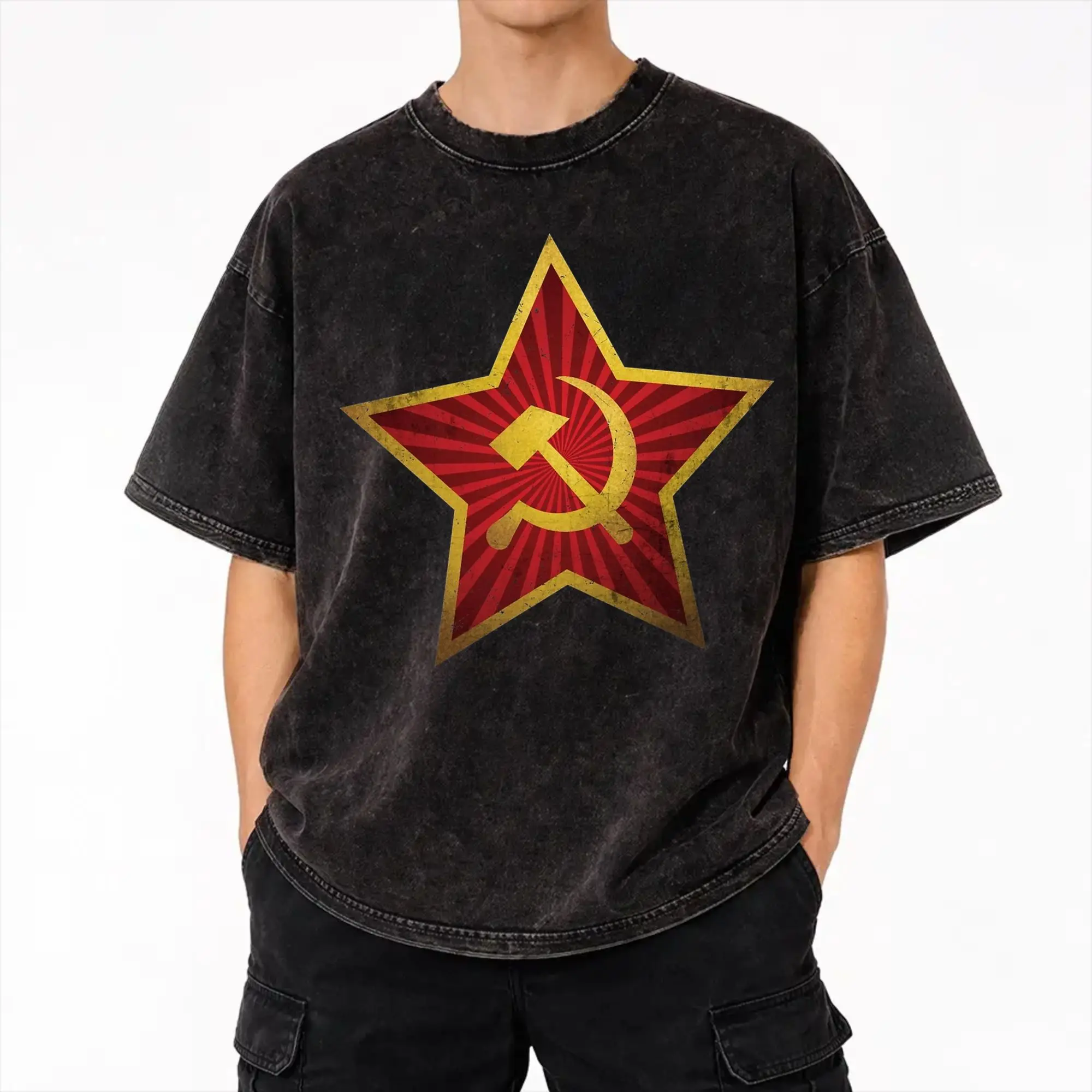 cccp Soviet Red Star Insignia Distressed  Merch Washed T Shirt for Men Women Streetwear Hip Hop T-Shirt Summer  Tee Shirt
