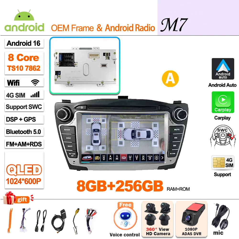 Android 16 Carplay voor Hyundai IX35 Tucson 2 LM 2009 - 2015 autoradio multimediaspeler QLED scherm GPS navigatie WiFi 5G