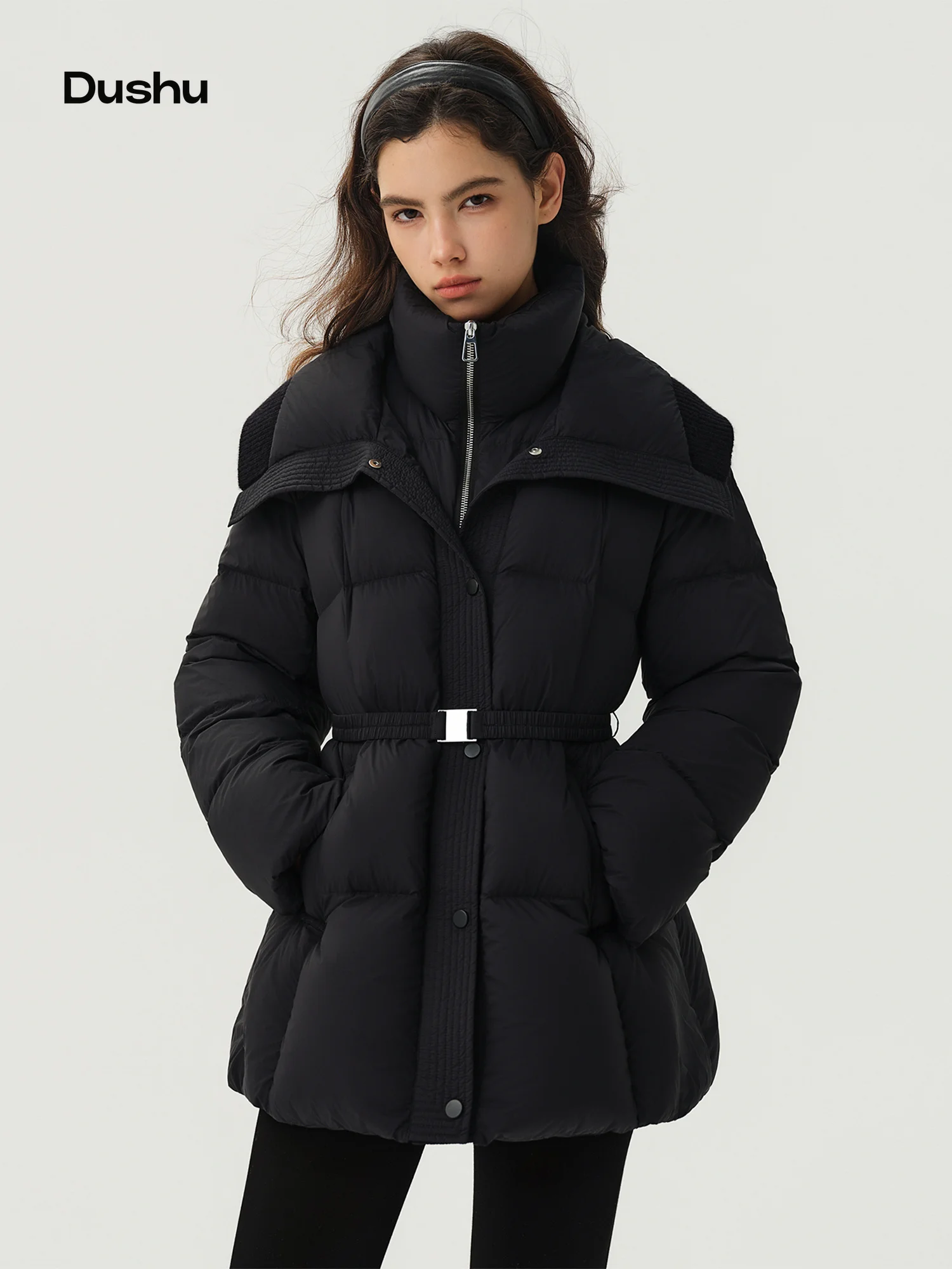 DUSHU Women Thick Down Jacket Big Lapel Stand Collar Belted Waist Mid Length Warm Coat Heavyweight Puffer Commute Outerwear New