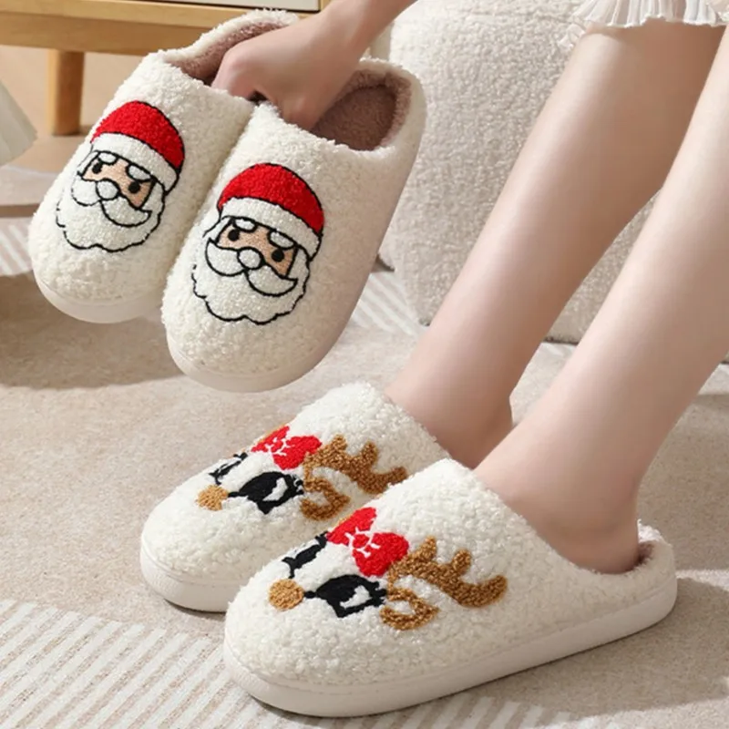 Christmas Elk Cotton Slipper Woman Smiling Everyday Home Couple Indoor Shoes Warm Contrast Color Non-slip Slipper Winter Woman