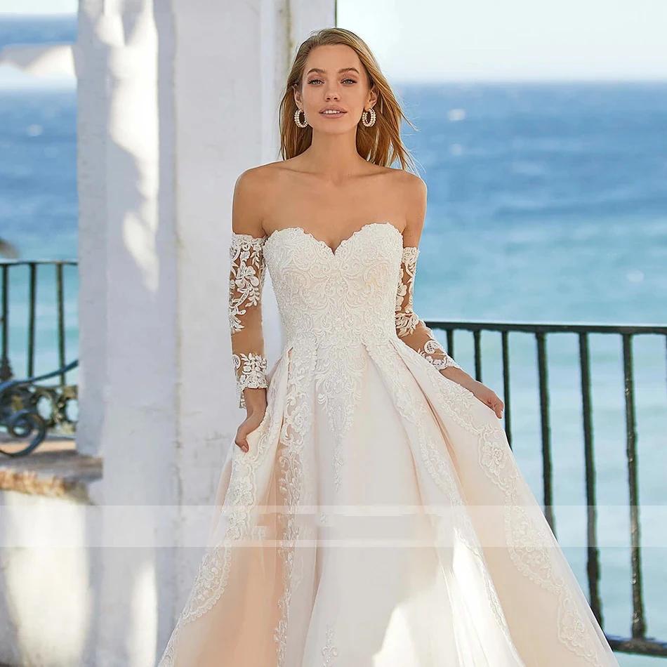 2022 palavra vestidos de casamento feminino elegante boêmio frisado querida princesa fora do ombro manga longa renda applique vestidos de noiva