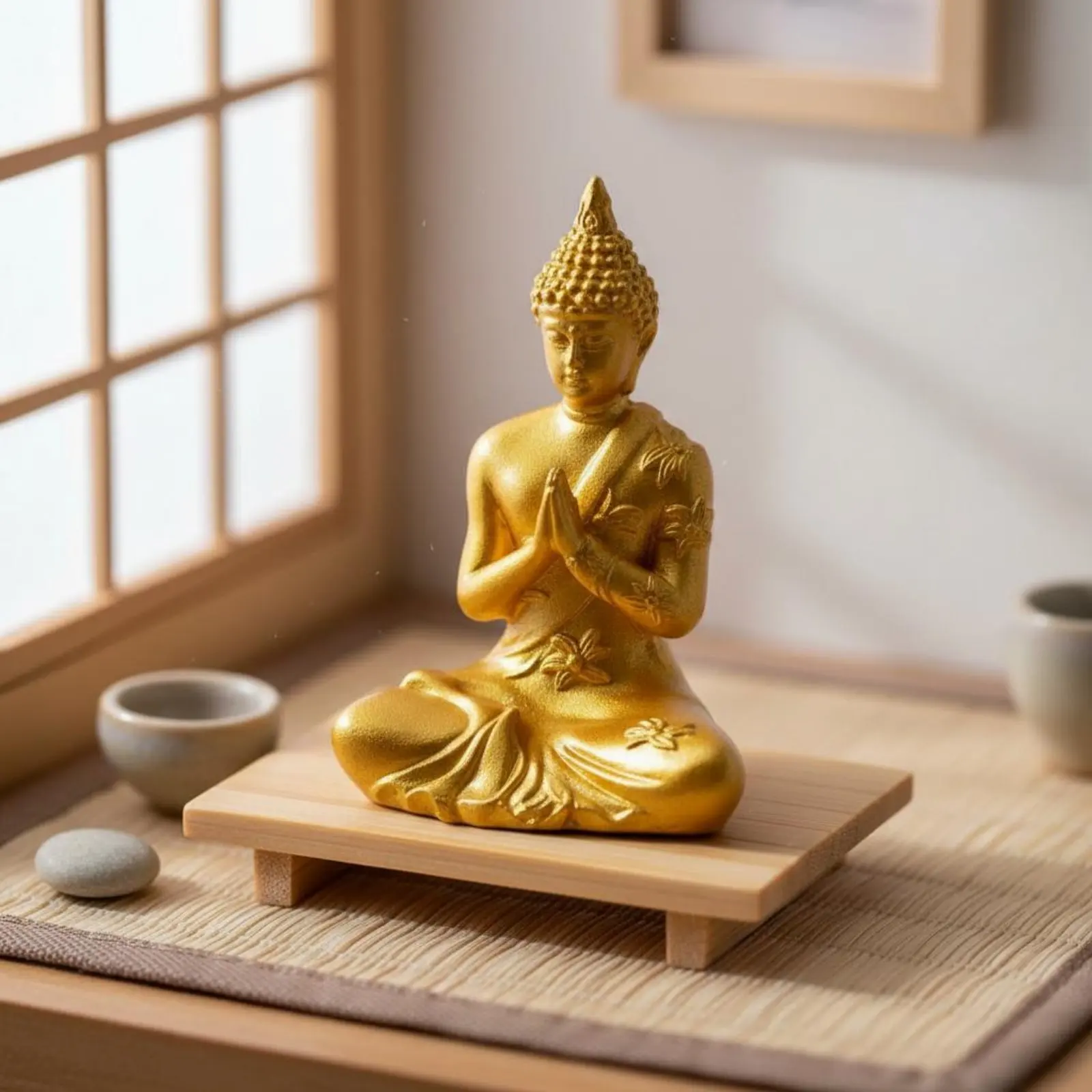 Miniature Buddha Statue Gold Finish Southeast Asian God Statue Golden Deity Figurine Detailed Craftsmanship for Dollhouse, Altar