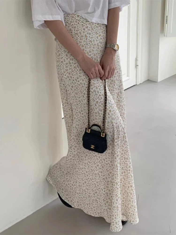 Saia Longa Floral E de Cintura Alta em A para Mulheres, Novo Estilo Primavera, Chic e Versátil, Saia Drapeada para o D...