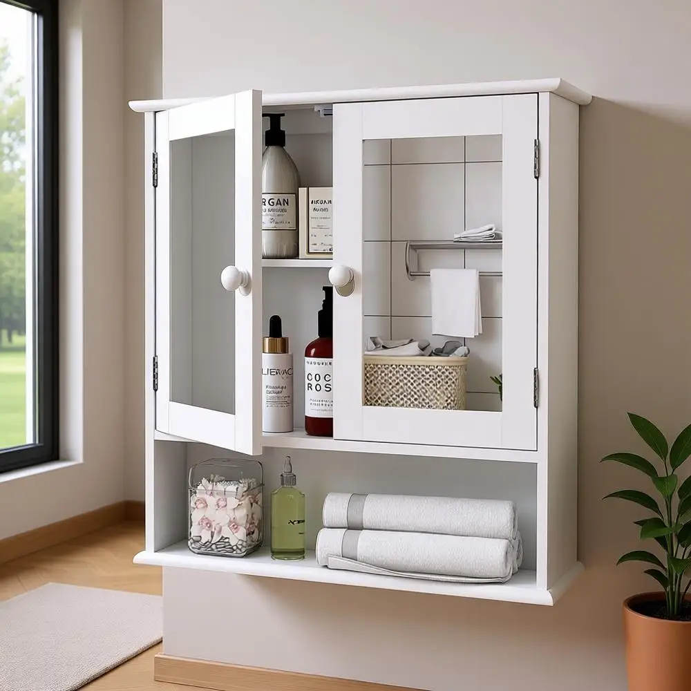 

Wall-Mounted Wooden Storage Cabinet with Mirror for Bathroom, Over Toilet, Laundry, and Kitchen