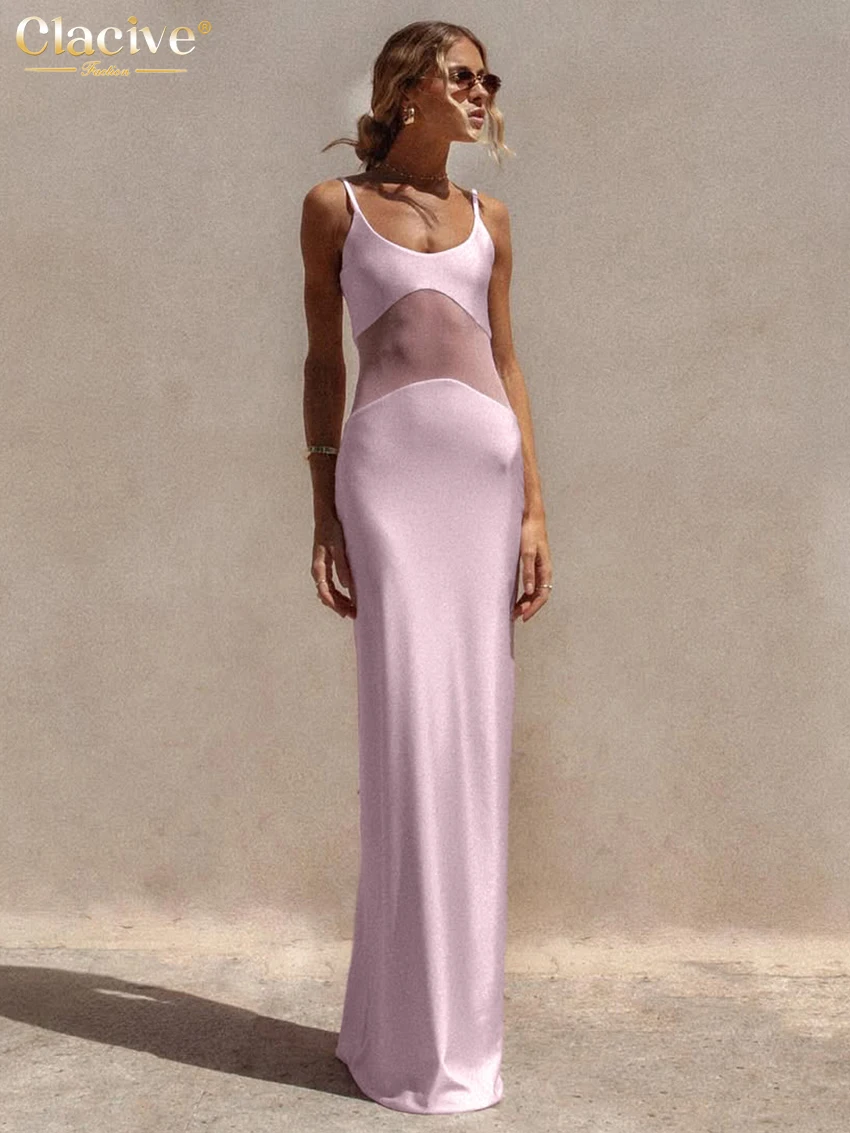 Clacive-vestido rosa ajustado para mujer, vestido largo sin mangas con tirantes, elegante, clásico, de malla empalmado, para verano, 2026