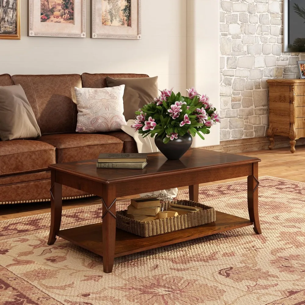 Solid Wood Coffee Table with Shelf,Vintage Rectangle Cocktail Table with Dual Hourglass Tabletop,Apartment Center Sofa Table