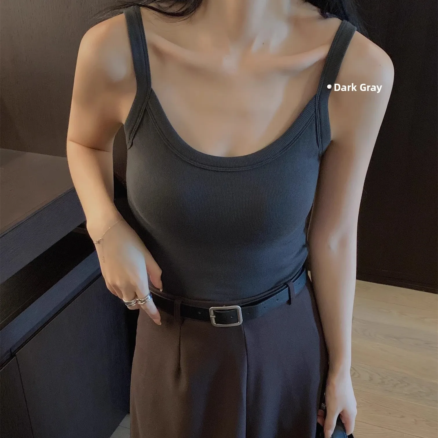 Autumn Winter Women's Tank Top with Integrated Cup And Chest Pad Flocking Warm Inner Wear Short Style Nylon Cotton Blend